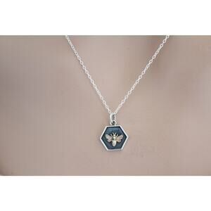 Sterling Silver Hexagon Charm with Bronze Bee Necklace
